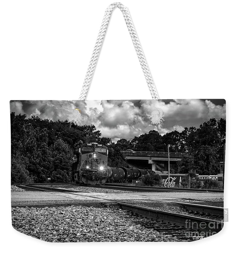 Trains Weekender Tote Bag featuring the photograph Train and Tracks in Black-White by DB Hayes