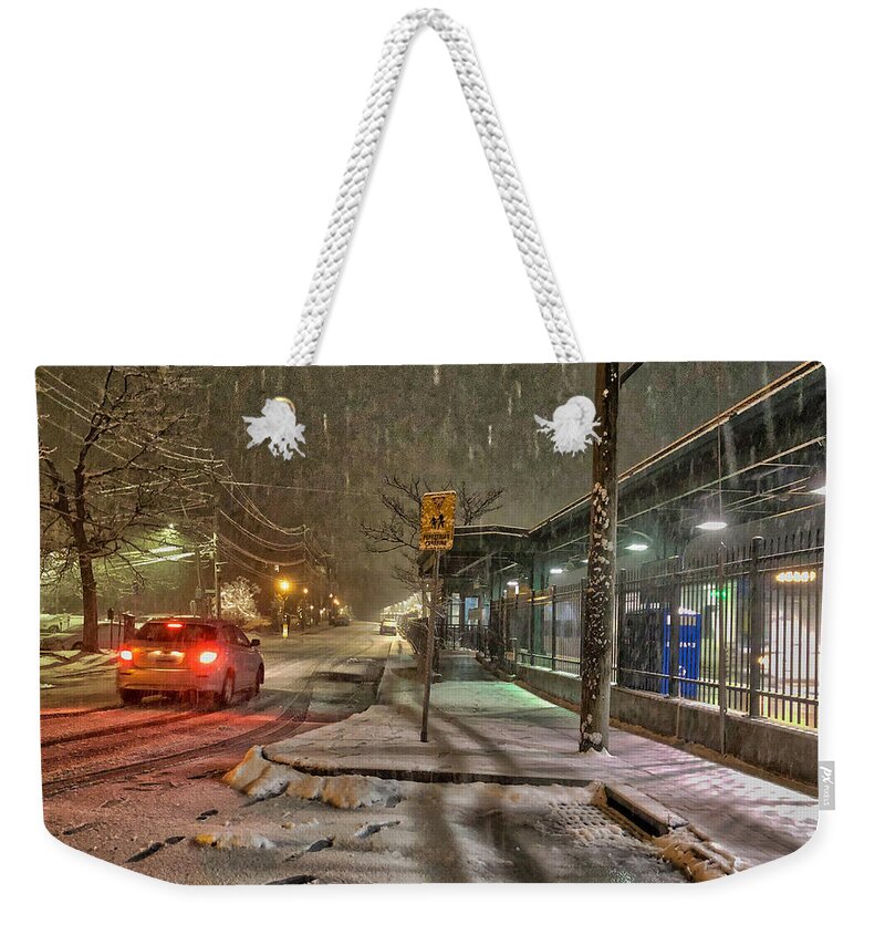 Train Weekender Tote Bag featuring the photograph Train Station Snowfall by Russel Considine