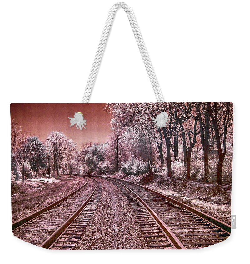 Infrared Weekender Tote Bag featuring the photograph Train Tracks in Culpeper - Infrared Sepia by Anthony M Davis