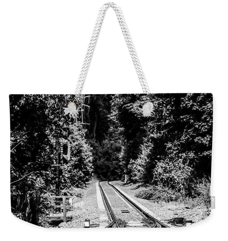 Train Tracks Rr Rail Road B&w Trees Weekender Tote Bag featuring the photograph Train Tracks1 by John Linnemeyer