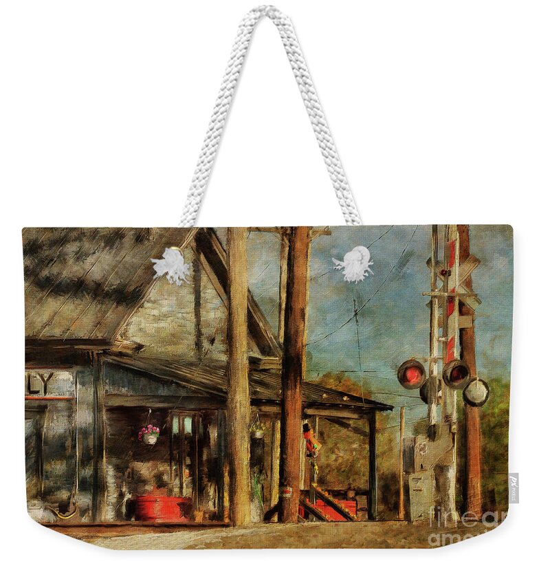 Train Weekender Tote Bag featuring the digital art Train's Coming - Berryville Farm Supply by Lois Bryan