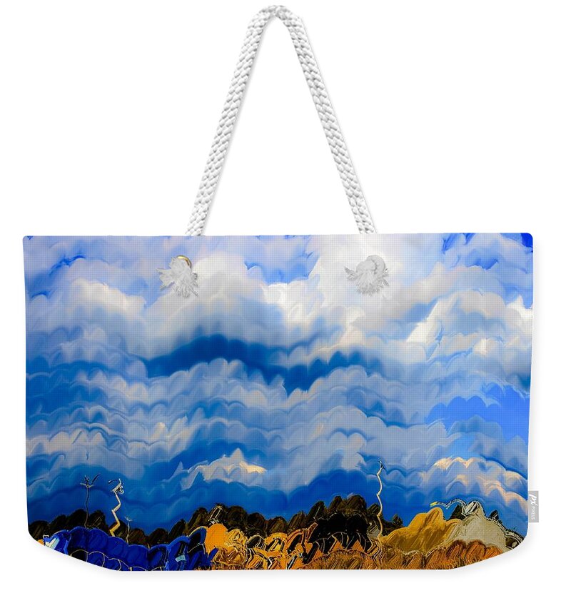 Train Weekender Tote Bag featuring the digital art Trains, Cranes and other strange beasties by Addison Likins