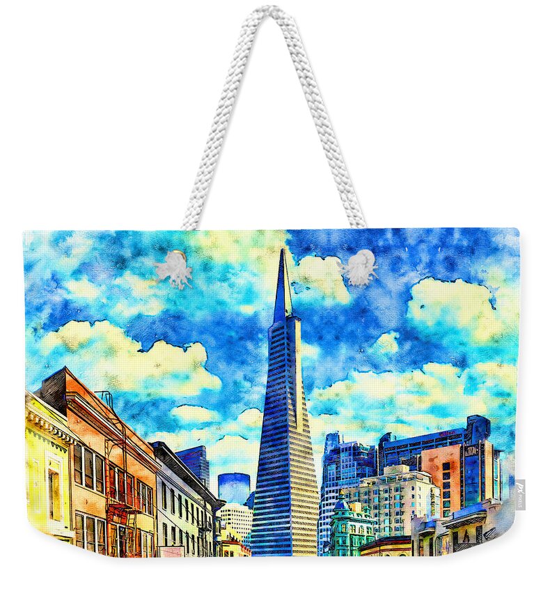 Transamerica Pyramid Weekender Tote Bag featuring the digital art Transamerica Pyramid in San Francisco - pen and watercolor by Nicko Prints