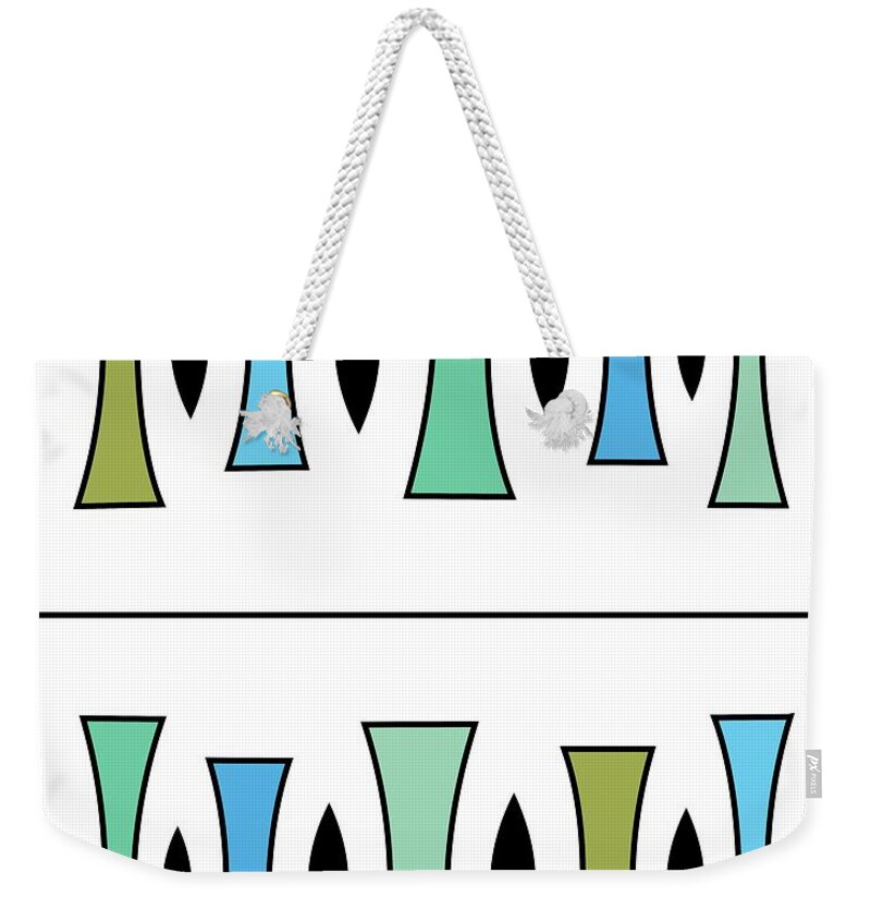 Mid Century Modern Weekender Tote Bag featuring the digital art Trapezoids in Green, Blue and Aqua by Donna Mibus