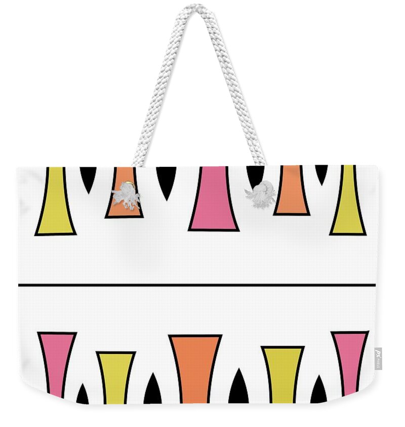 Mid Century Modern Weekender Tote Bag featuring the digital art Trapezoids in Pink, Melon and Yellow by Donna Mibus