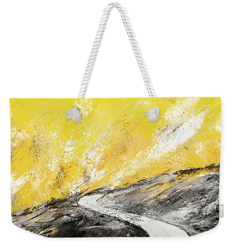 Yellow Weekender Tote Bag featuring the painting Travel Into The Sun - Yellow And Gray Art by Lourry Legarde