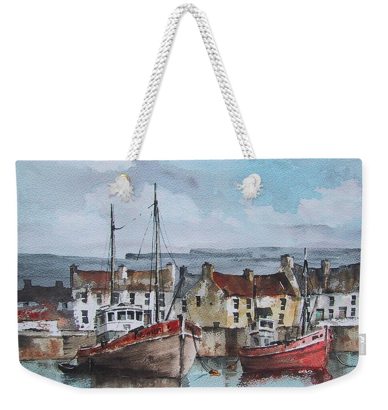  Weekender Tote Bag featuring the painting Trawlers in Inismore, Aran by Val Byrne
