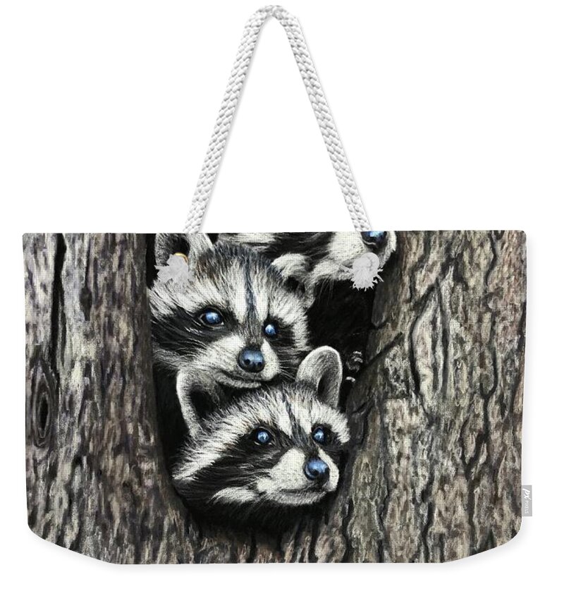 Baby Raccoons Weekender Tote Bag featuring the pastel Tree Bandits by Marlene Little