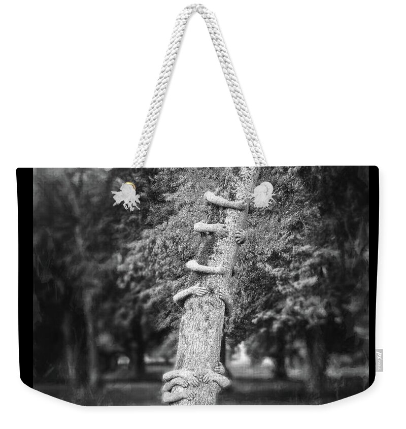 Annecy Weekender Tote Bag featuring the photograph Tree Huggers Annecy France Black and White by Carol Japp