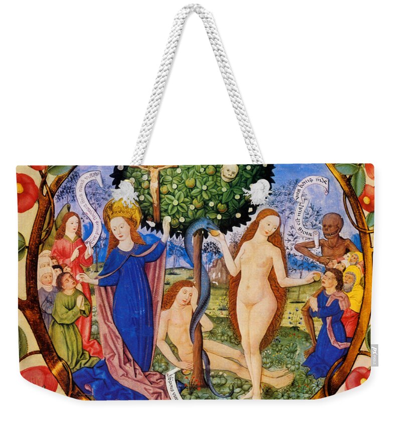 Tree Of Life Weekender Tote Bag featuring the painting Tree of Life and Death Flanked by Eve and Mary-Ecclesia by Unknown