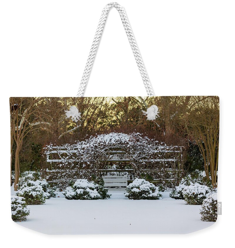 Colonial Williamsburg Weekender Tote Bag featuring the photograph Trellis in the Snow by Lara Morrison