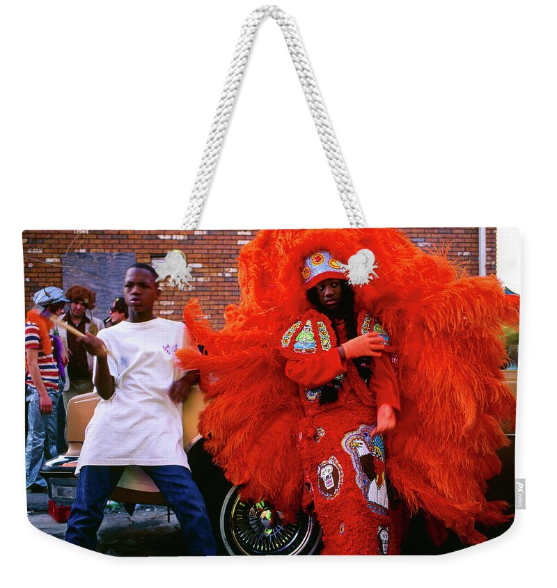 Mardi Gras Weekender Tote Bag featuring the photograph Treme - Mardi Gras Black Indian Parade, New Orleans by Earth And Spirit