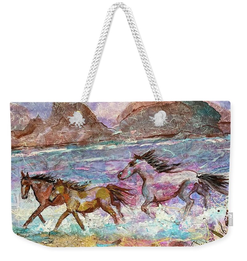 Horse Weekender Tote Bag featuring the painting Tres Amigos by Elaine Elliott