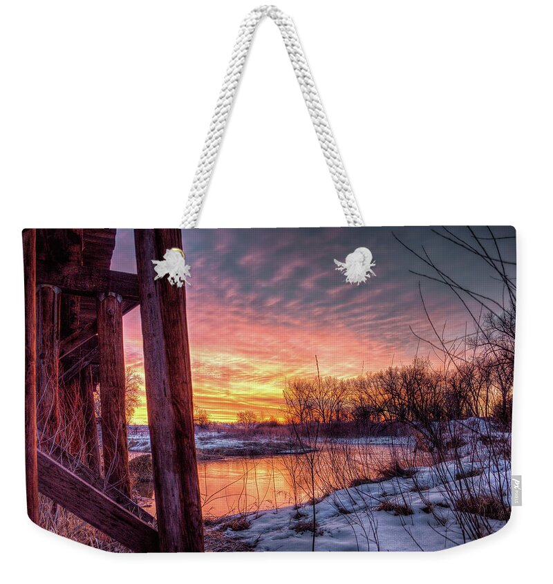Trestle Weekender Tote Bag featuring the photograph Trestle Sunrise by Fiskr Larsen