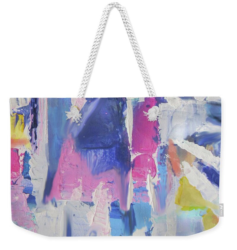 Colorful Abstract Weekender Tote Bag featuring the mixed media Night Into Day by Jean Batzell Fitzgerald
