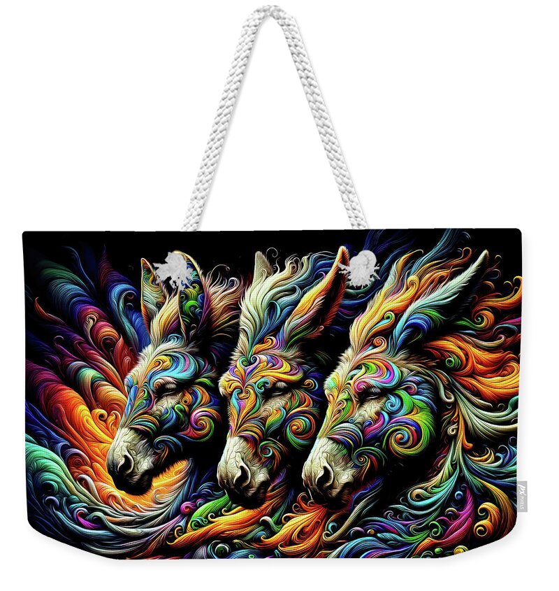 Mystical Weekender Tote Bag featuring the digital art Triad of Hypnotic Hee-Haws by Bill and Linda Tiepelman
