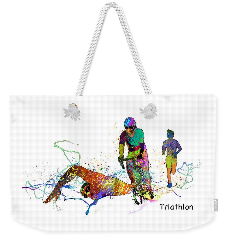 Sports Weekender Tote Bag featuring the mixed media Triathlon Passion 01 by Miki De Goodaboom