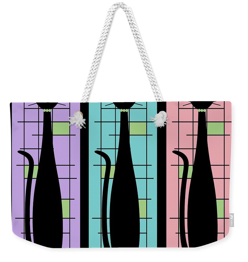 Mid Century Modern Weekender Tote Bag featuring the digital art Trio of Cats Purple, Blue and Pink on Black by Donna Mibus