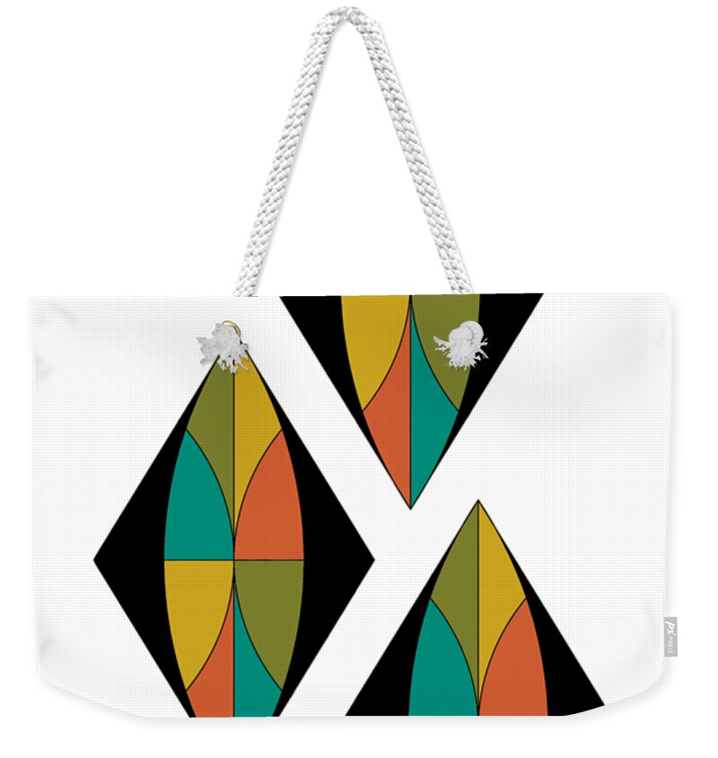 Mid Century Weekender Tote Bag featuring the digital art Triple Diamonds Mid Century on white with diagonal line background by DB Artist