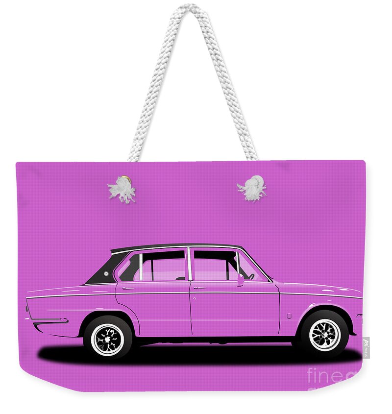 Sports Car Weekender Tote Bag featuring the digital art Triumph Dolomite Sprint. Pink Edition. Customisable to YOUR colour choice. by Moospeed Art