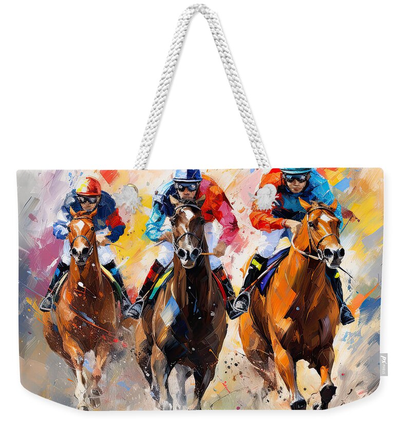 Horse Racing Weekender Tote Bag featuring the painting Triumph of Teamwork by Lourry Legarde