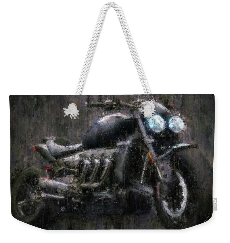 Motorcycle Weekender Tote Bag featuring the painting Triumph Rocket 3 Motorcycle by Vart by Vart Studio