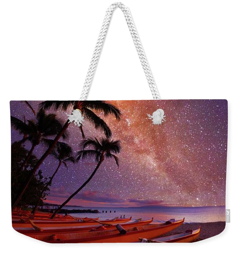 Kihei Maui Hawaii Canoes Palmtrees Milky Way Weekender Tote Bag featuring the photograph Tropical Stars by James Roemmling