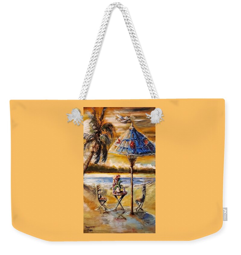 Airplane Weekender Tote Bag featuring the painting Tropical Sunset by Bernadette Krupa
