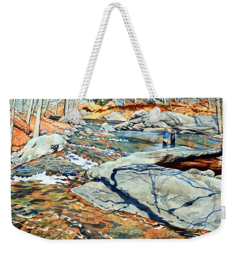Watercolor Weekender Tote Bag featuring the painting Trout swim through it by Mick Williams