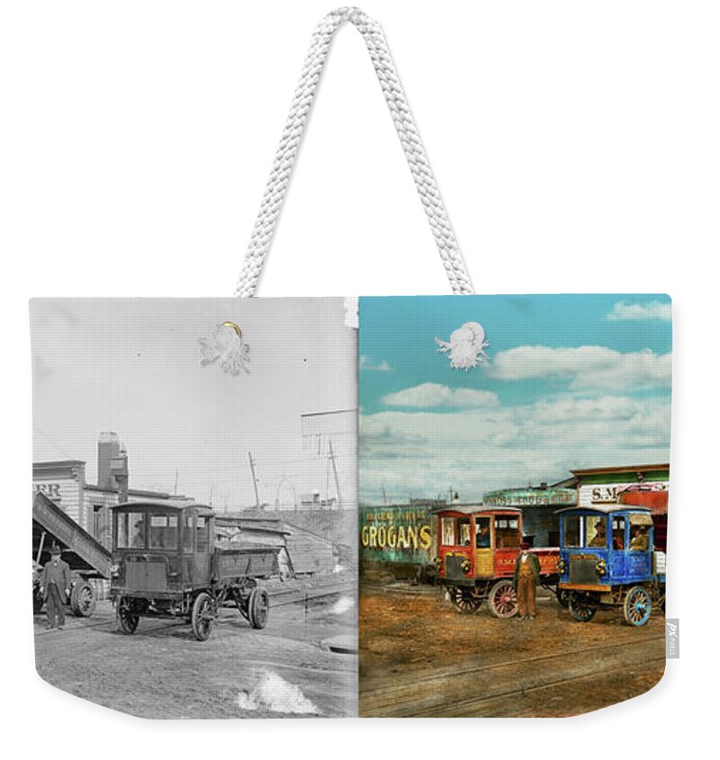 Sm Frazier Weekender Tote Bag featuring the photograph Truck - Dump Truck - Wilcox Trux 1912 - Side by Side by Mike Savad