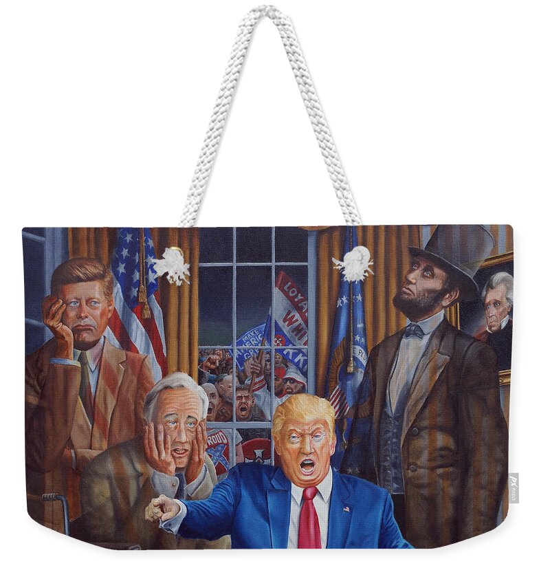 Trump Weekender Tote Bag featuring the painting What Have We Done? by Ken Kvamme