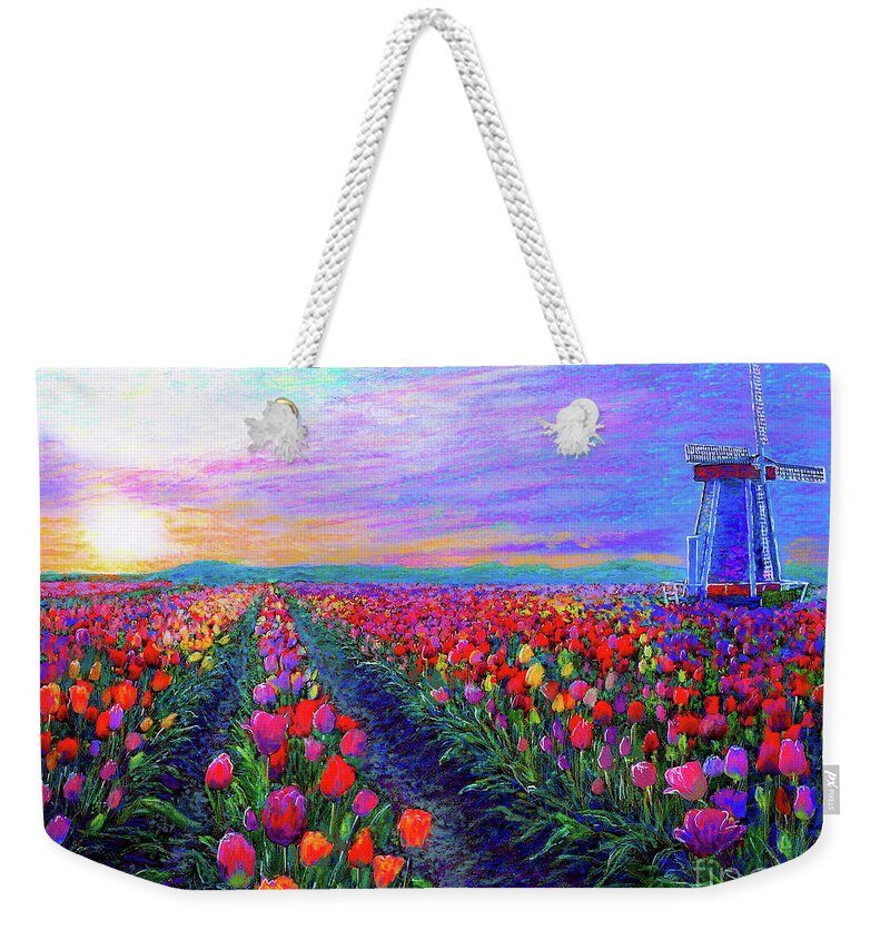 Landscape Weekender Tote Bag featuring the painting Tulip Fields, What Dreams May Come by Jane Small