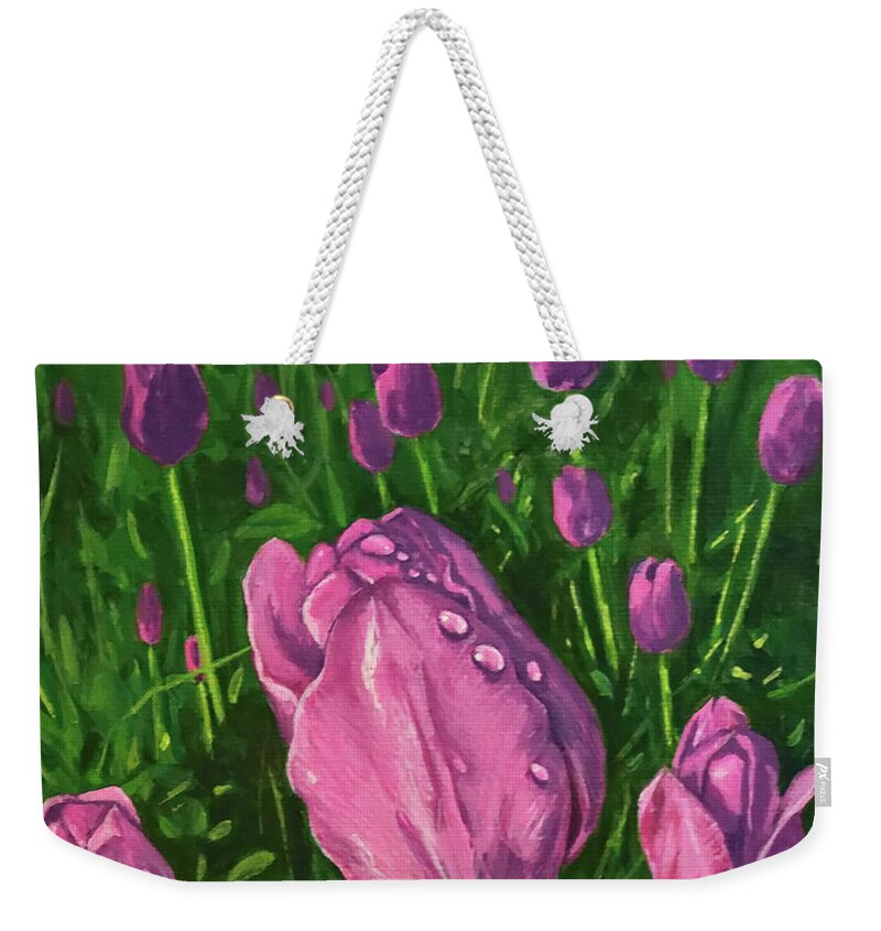  Weekender Tote Bag featuring the painting Tulip Garden by Sarra Elgammal
