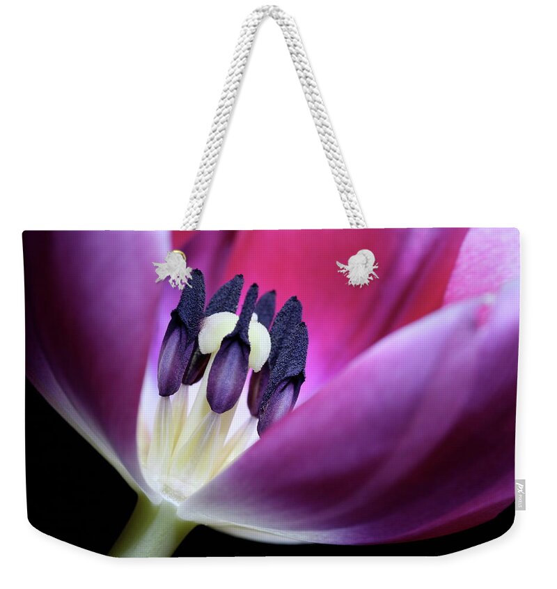 Macro Weekender Tote Bag featuring the photograph Tulip Pink 3917 by Julie Powell