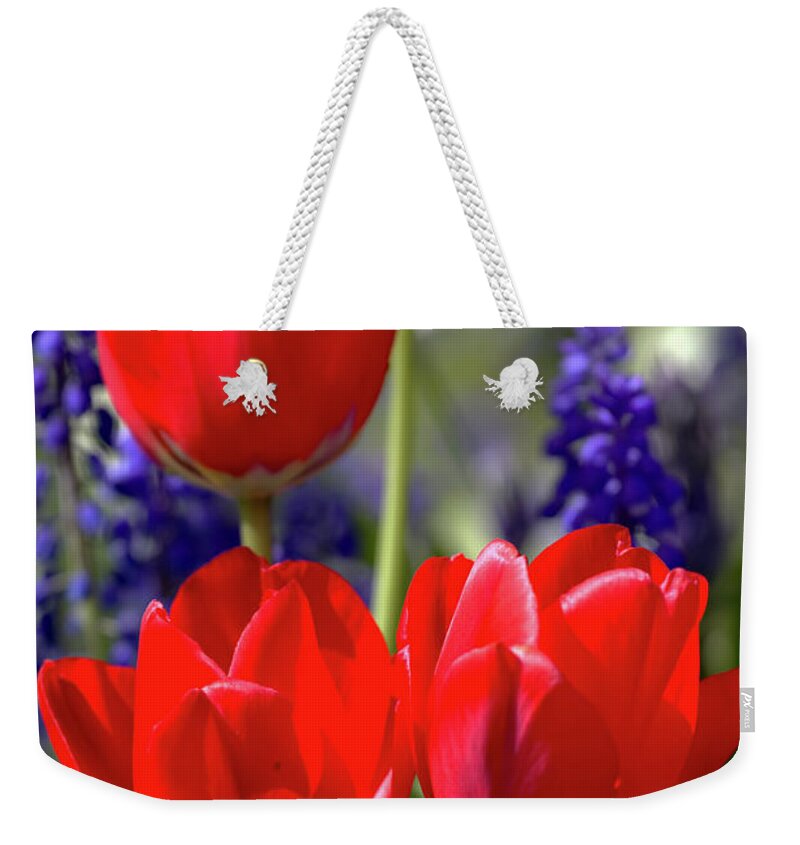 Flora Weekender Tote Bag featuring the photograph Tulips and Bluebells by Stephen Melia
