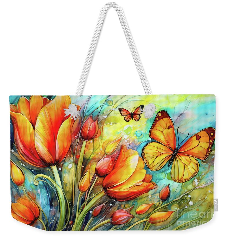 Tulip Flowers Weekender Tote Bag featuring the painting Tulips And Butterflies by Tina LeCour