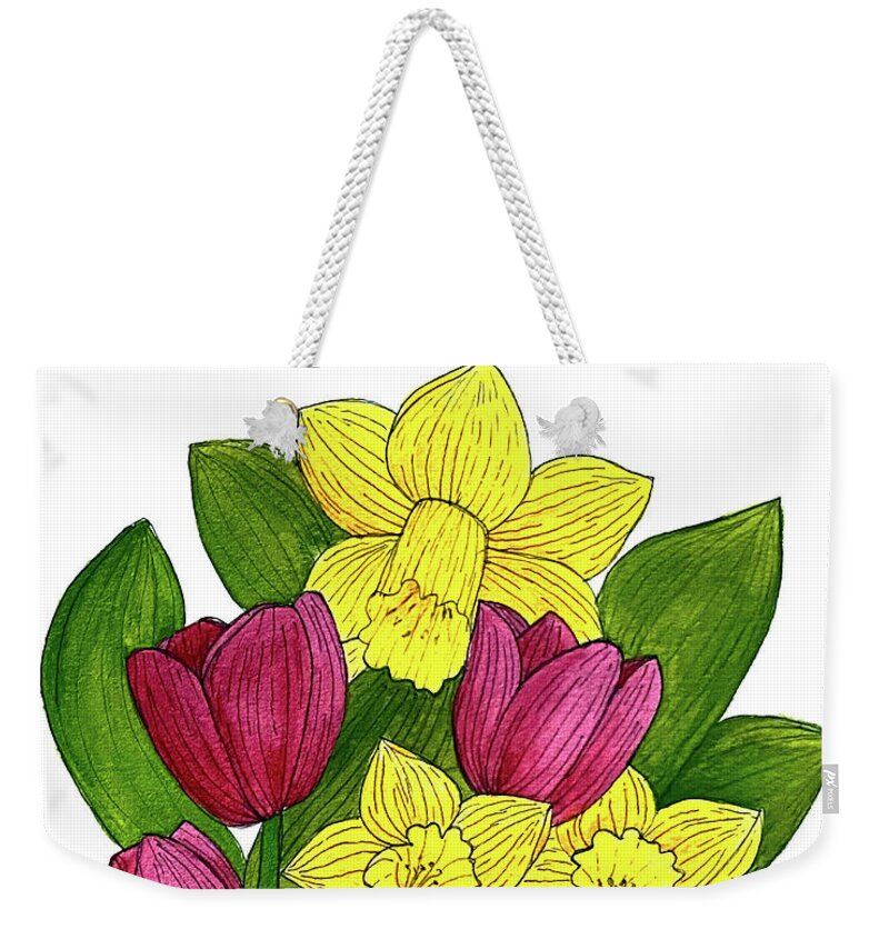 Daffodils Weekender Tote Bag featuring the mixed media Tulips and Daffodils by Lisa Neuman