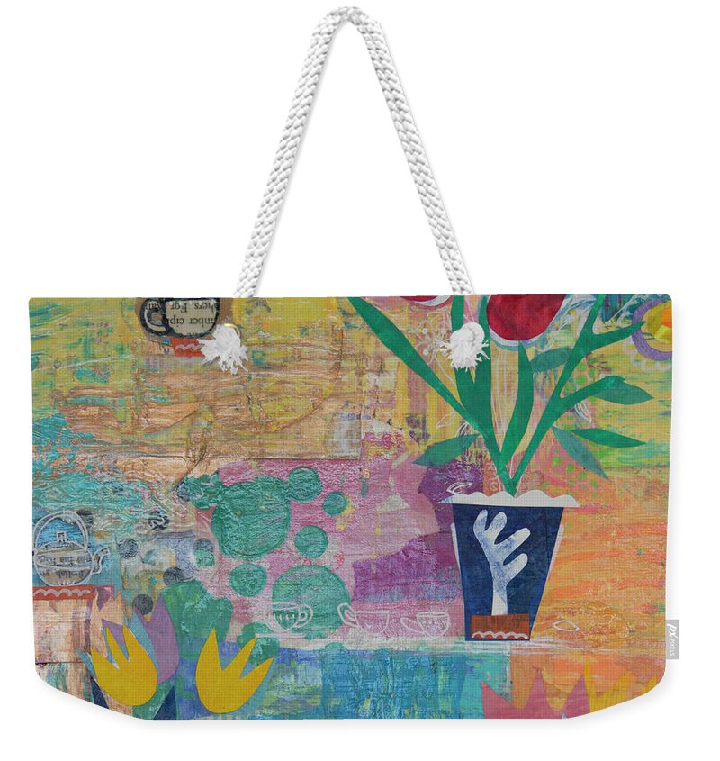 Mixed Media Weekender Tote Bag featuring the mixed media Tulips and Tea by Julia Malakoff