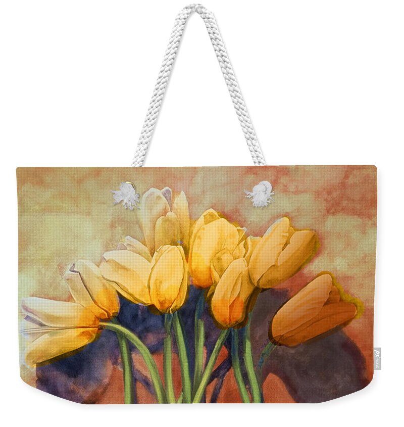 Yellow Tulips Weekender Tote Bag featuring the painting Tulips by Cathy Locke