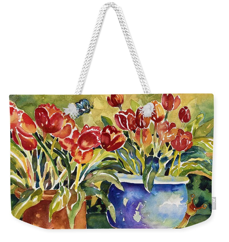 Red Tulips Weekender Tote Bag featuring the painting Tulips in Pots by Ann Nicholson