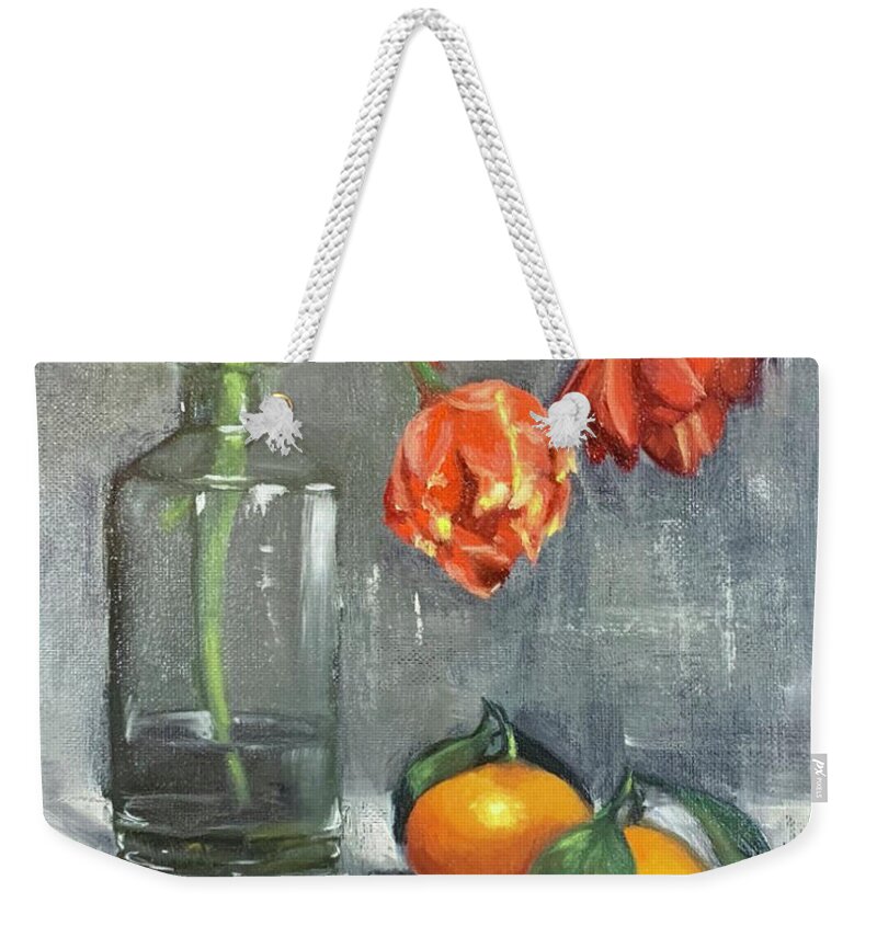 Stilllife Weekender Tote Bag featuring the painting Tulips with Mandarins by Lori Ippolito