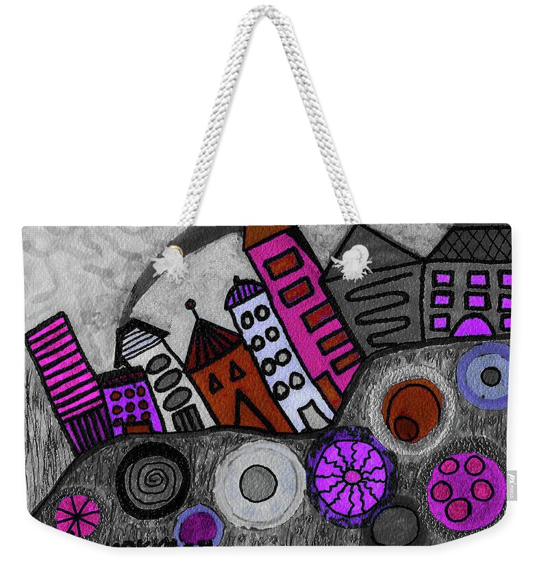 Original Drawing Weekender Tote Bag featuring the drawing Turning Funky City On Its Ear Redux by Susan Schanerman