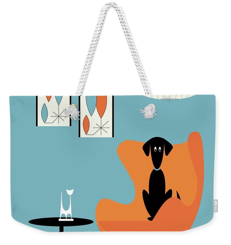 Mid Century Dog Weekender Tote Bag featuring the digital art Turquoise Room with Black Dog by Donna Mibus