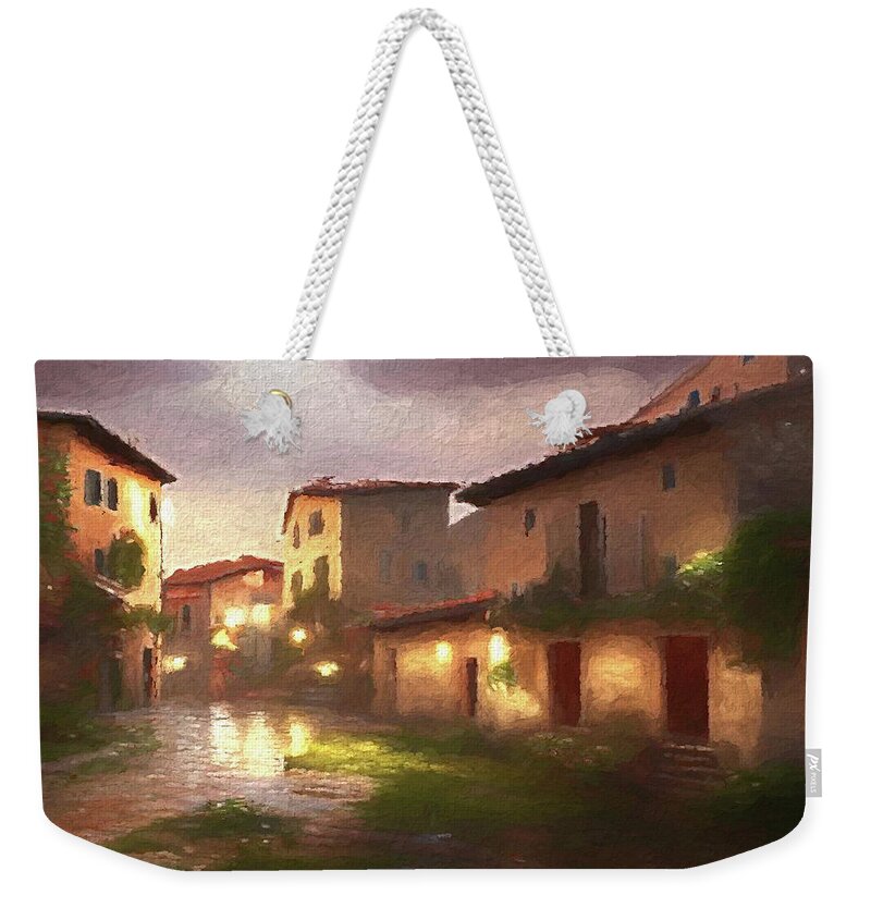 Tuscany Weekender Tote Bag featuring the digital art Tuscan Village at Night by Alison Frank