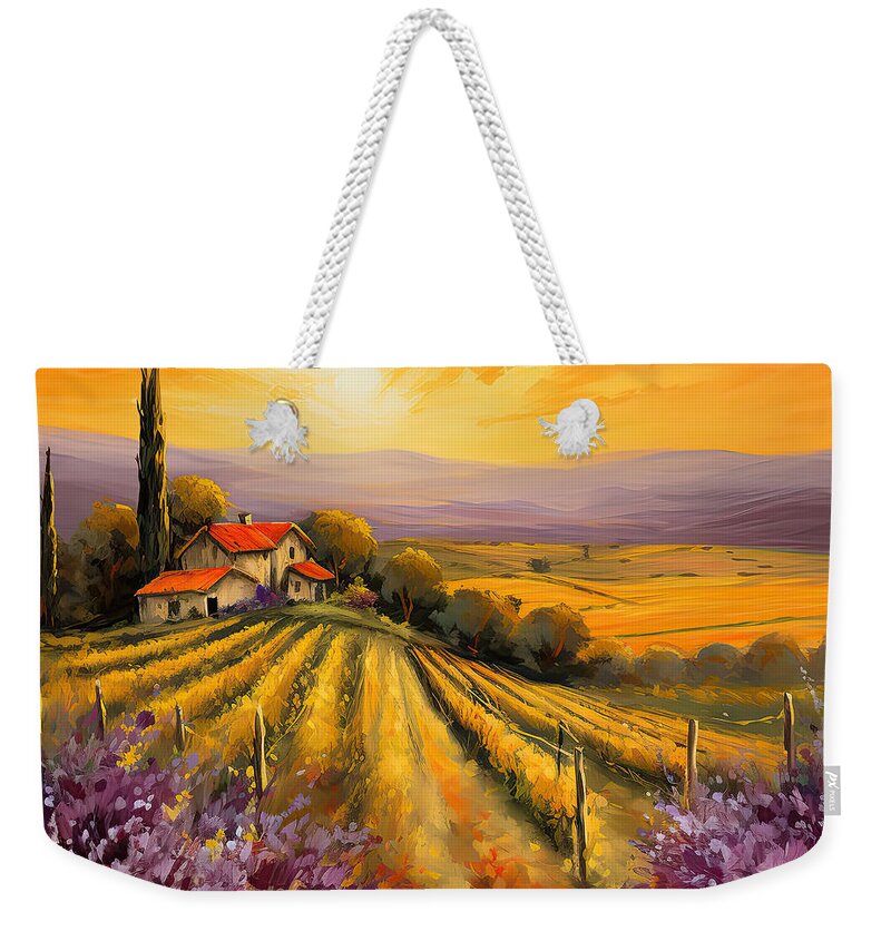Tuscany Weekender Tote Bag featuring the painting Tuscan Vineyard Sunset - Vineyard Impressionist Paintings by Lourry Legarde