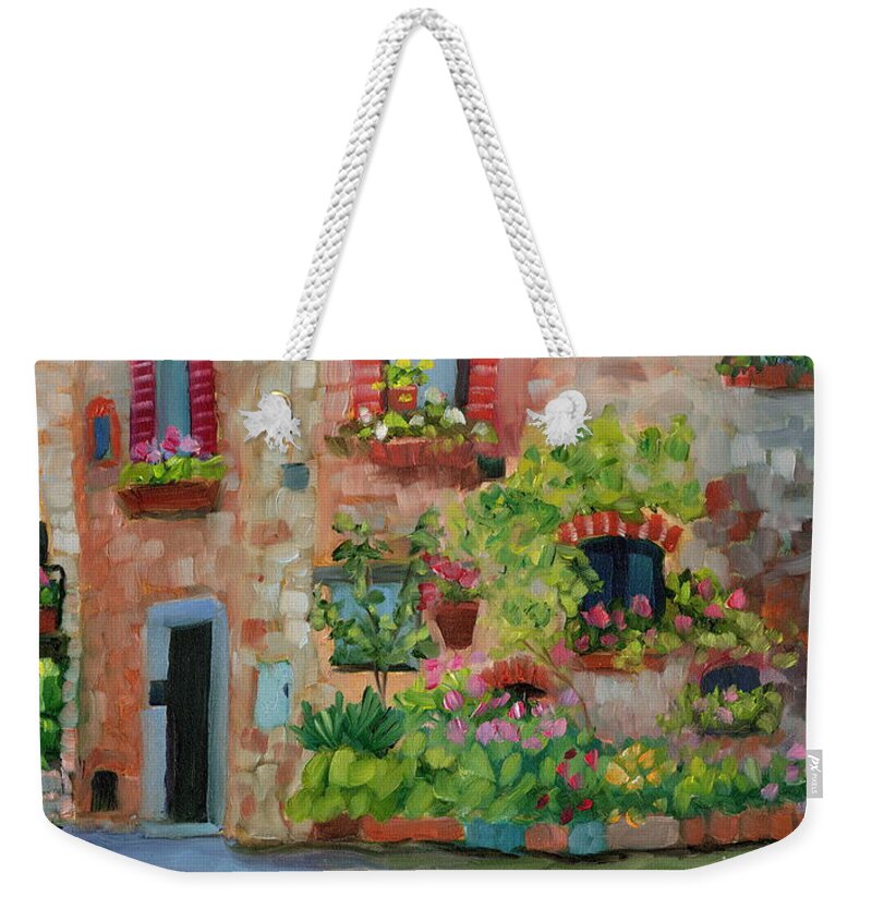 Tuscany Weekender Tote Bag featuring the painting Tuscan Window Boxes by Marcy Brennan