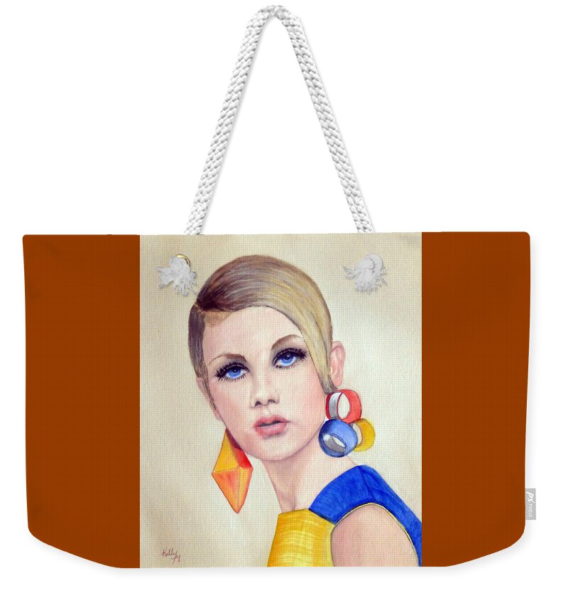 Fashion Weekender Tote Bag featuring the painting Twiggy the 60's Fashion Icon by Kelly Mills