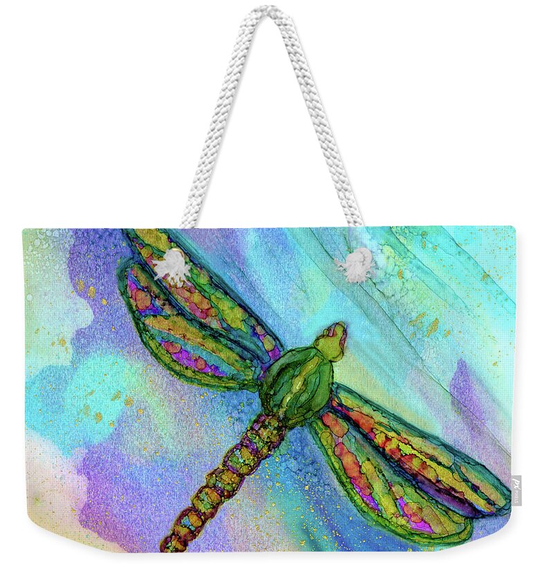 Dragonfly Weekender Tote Bag featuring the painting Twilight Flight Dragonfly Alcohol Ink by Deborah League