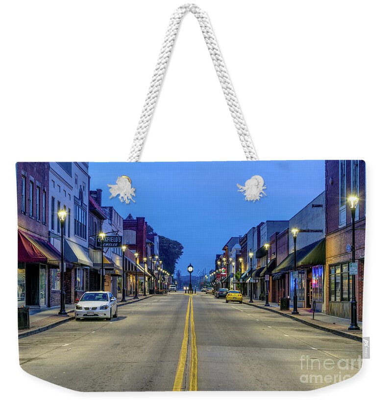 Cape Girardeau Weekender Tote Bag featuring the photograph Twilight In Downtown Cape Girardeau by Jennifer White