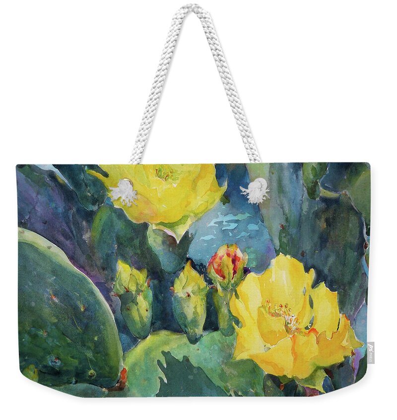Cactus Weekender Tote Bag featuring the painting Cactus Blossoms at Twilight by Sue Kemp